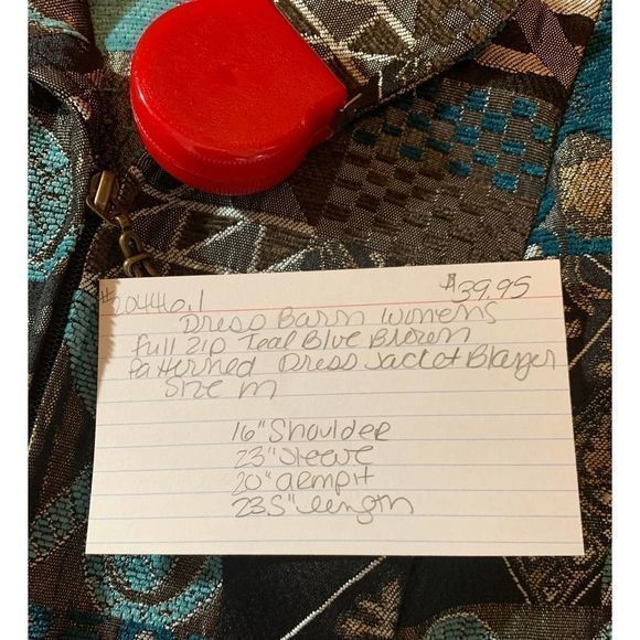 Dress Barn Women's Patterned Collared Full‎ Zip Dress Blazer Jacket Teal Blue M - Picture 5 of 5